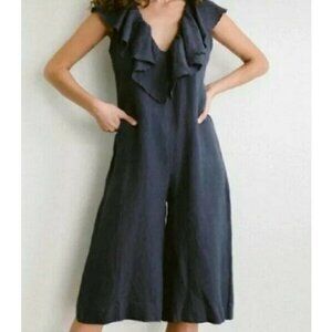 New Maria Stanley Grey Ruffle Romper Womens M Anthropologie Cropped Wide Leg